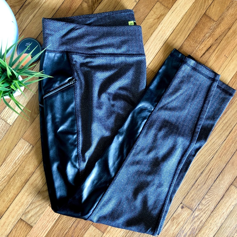 Grey Herringbone w Faux Leather Street Leggings